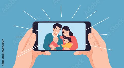 Hands affectionately hold a smartphone displaying a joyful family photo with bright light rays, symbolizing cherished memories and digital connection.