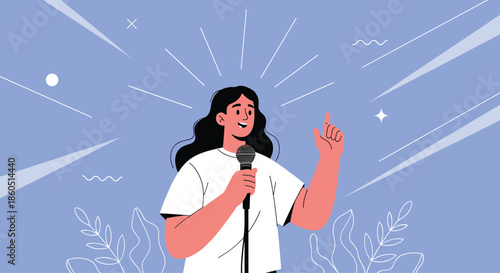 Confident woman speaks passionately into a microphone, surrounded by radiating lines and abstract shapes, symbolizing powerful public speaking and communication.