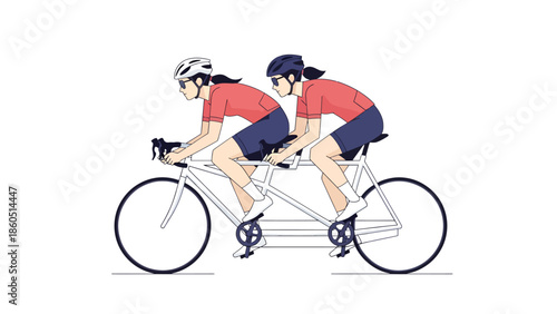 Two women riding a tandem bicycle together in matching red shirts and helmets