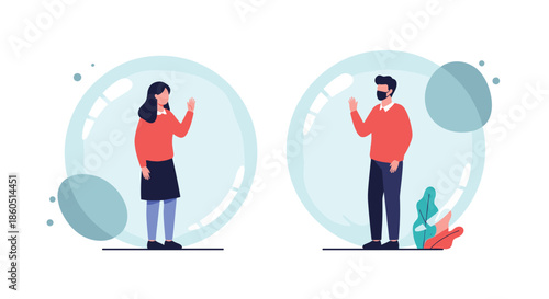 Two people in separate transparent bubbles waving, representing social distancing and isolation during a pandemic.
