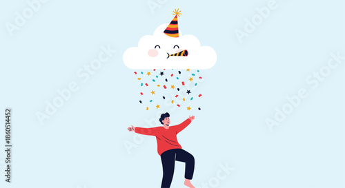 Joyful man stands with arms outstretched, celebrating under a cheerful cloud wearing a party hat raining colorful confetti, symbolizing happiness.