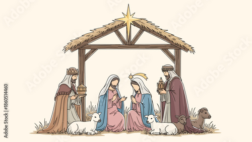Illustration of the Nativity scene with Mary, Joseph, and the Magi kneeling together
