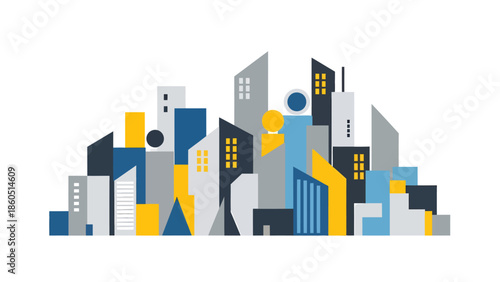 Abstract cityscape with geometric shapes and buildings in various colors and sizes
