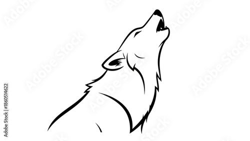 Black and white illustration of a wolf howling upwards with mouth open