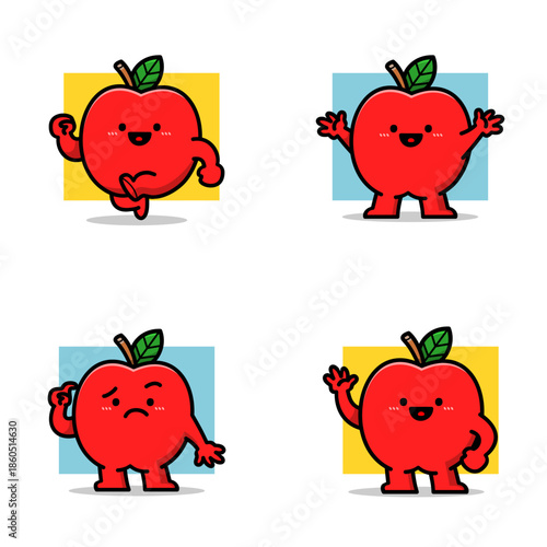 Cute Apple Mascot Character Set with Thinking, Waving, Open Arms and Running Poses for Branding, Education and Marketing