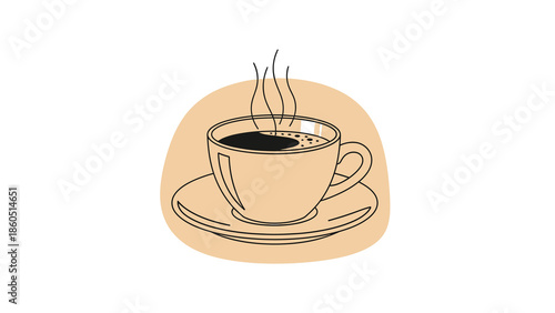 Steaming cup of coffee on a saucer, simple line art illustration