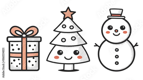 Festive holiday icons with gift, tree, and snowman