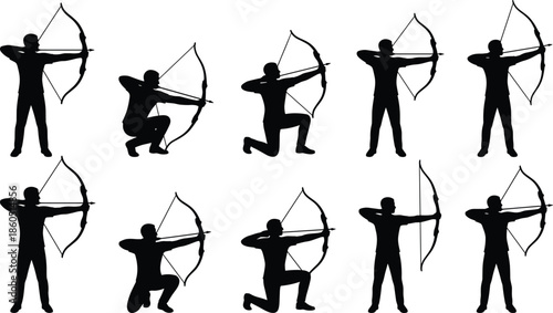 Archery, silhouette, set, archer, bow, arrow, hunter, target, shooting, collection, athlete, competition, sport, action, pose, man, aiming, weapon, vector, illustration, icons, symbols,