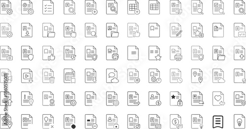 Large collection of document management line icons featuring file types folders search printing security cloud storage and professional business data organization symbols