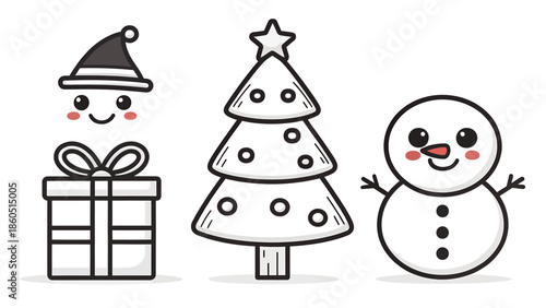 Festive cartoon snowman and Christmas tree with gift