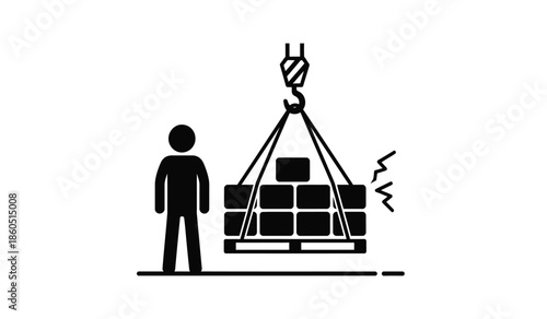 Caution Overhead load being lifted by a crane near a worker