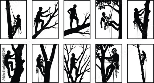 Arborist, silhouette, set, tree, surgeon, worker, climbing, cutting, chainsaw, lumberjack, maintenance, forestry, pruning, equipment, professional, gardener, forest, service, vector, 