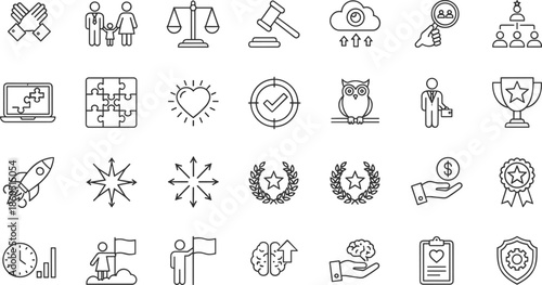 Comprehensive collection of business leadership and strategic excellence line icons featuring trophies awards laurel wreaths scales of justice mountain peak success and visionary owl symbols