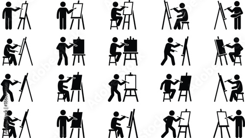 Artist, painter, silhouette, set, stick, figure, drawing, on, easel, canvas, collection, creative, workshop, hobby, studio, professional, art, class, vector, illustration, icons, symbols,