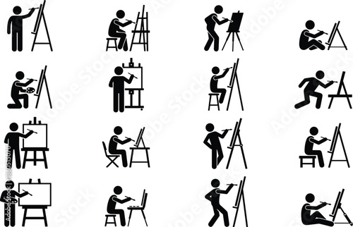 Artist, painter, silhouette, set, stick, figure, drawing, on, easel, canvas, collection, creative, workshop, hobby, studio, professional, art, class, vector, illustration, icons, symbols,
