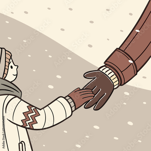A child and adult hold hands in a snowy landscape, dressed warmly in winter coats. Snowflakes fall gently around them, evoking warmth, care, and connection in a serene winter setting.