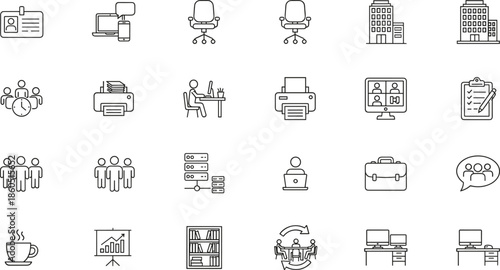 Collection of professional business and office line icons featuring remote team collaboration video conferencing corporate buildings office chairs printers and server data management symbols