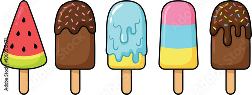 Colorful ice cream popsicle set, cute frozen dessert icons, summer treats illustration, flat cartoon vector food collection for kids branding