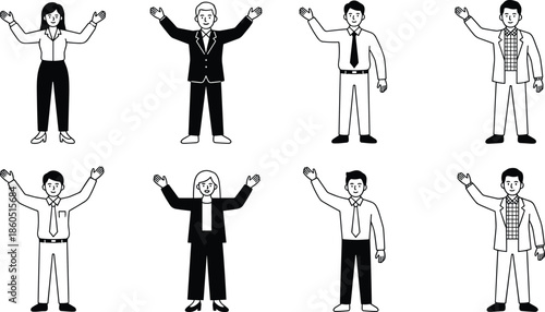 Business team, professional people, office staff, corporate diversity, workplace greeting, teamwork concept, black and white, waving characters, flat vector illustration