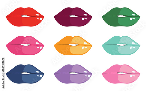 Seamless pattern of  lips with different colors of lipstick on a white background. Flat vector illustration.