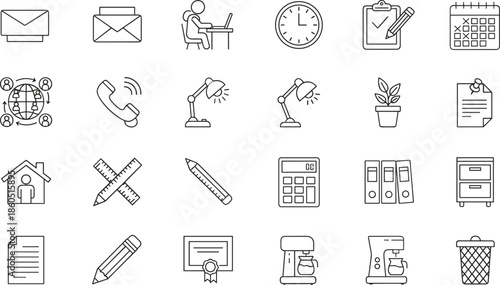 Comprehensive collection of home office and business administration line icons featuring remote work desk setup mail calendar filing systems and coffee break symbols