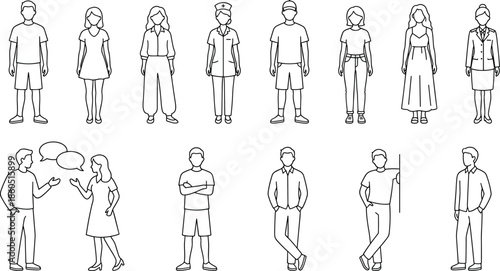 Human figures, diverse outfits, casual wear, professional attire, uniformed people, social interaction, character poses, black and white, flat vector illustration