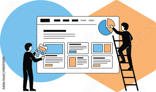 Web design concept, user interface development, data visualization, teamwork, flat design, vector illustration, creative layout, modern website building