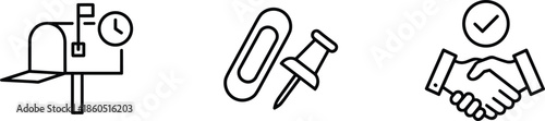 Set of office and business line icons featuring an open mailbox with clock paperclip and pushpin and a successful handshake with checkmark