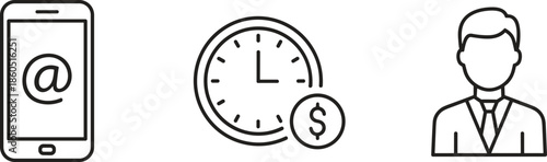 Mobile communication and business time management line icons featuring smartphone with email symbol clock with dollar coin and professional male avatar