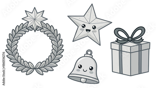 Cute Christmas icons with smiling star, bell, and gift box