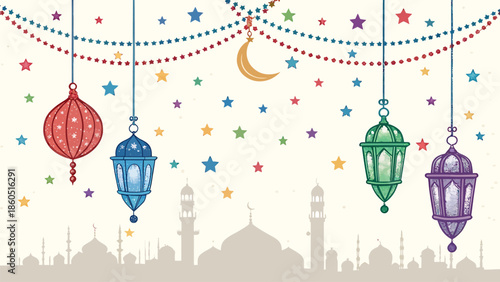 Vibrant Ramadan lanterns hanging against starry night sky with mosque silhouette