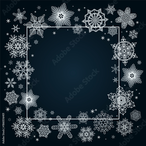 Snowflakes, white falling snow frame with copy space, border, background. Line drawing. Hand drawn vector illustration. Seasonal, winter design, blue backdrop, banner. Different shapes, ice crystals