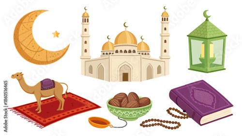 Ramadan Kareem illustration with mosque, camel, dates, and Quran