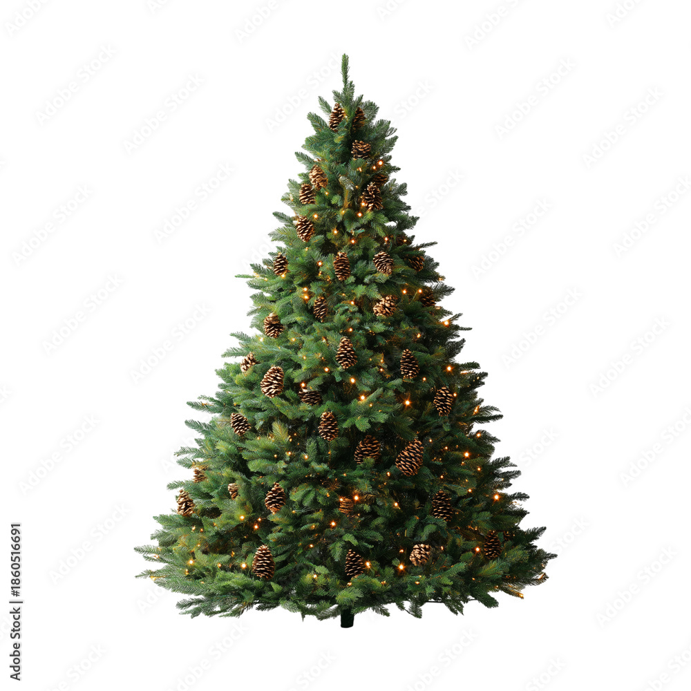 Fototapeta premium A lush, verdant pine tree adorned with glowing lights and pine cones