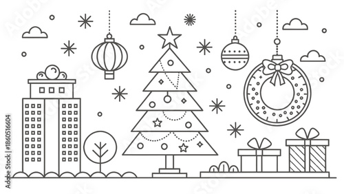 Festive cityscape with Christmas tree and decorations at night