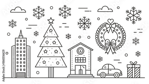 Christmas city scene with tree and gifts in winter