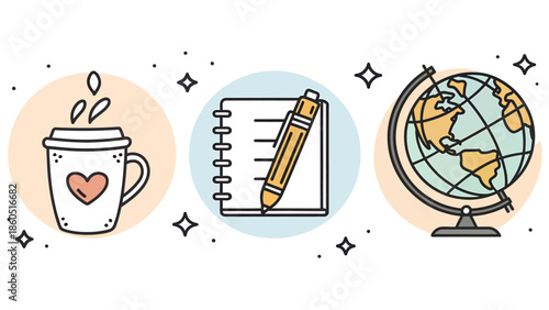 Minimalist icons for education and travel with coffee cup