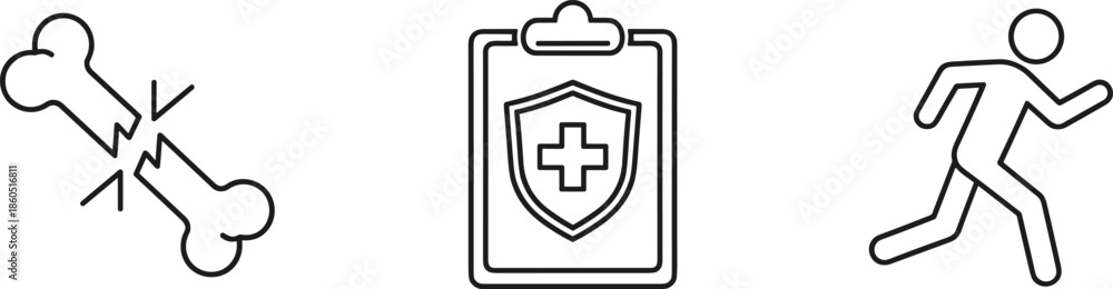 Obraz premium Medical and accident insurance line icons featuring broken bone fracture healthcare protection clipboard with shield and running man for sports injury and health recovery