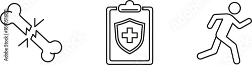 Medical and accident insurance line icons featuring broken bone fracture healthcare protection clipboard with shield and running man for sports injury and health recovery