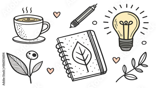 Creative workspace with coffee, notebook, and light bulb ideas