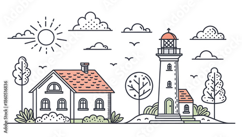 Charming house and lighthouse in a serene landscape with sunny sky