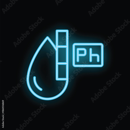 Blue neon icon of a liquid ph test is glowing on a black background