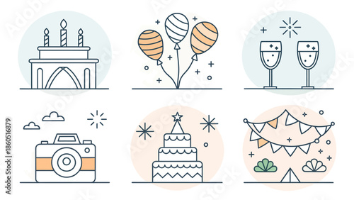 Celebration icons including birthday cake, balloons, and champagne