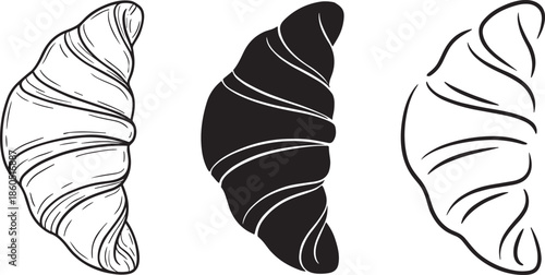 Croissant illustration set, hand drawn bakery pastry icons, black line art silhouette, minimal flat vector food design