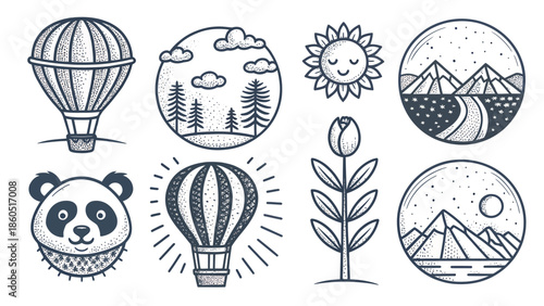 Whimsical illustrations of nature and adventure symbols