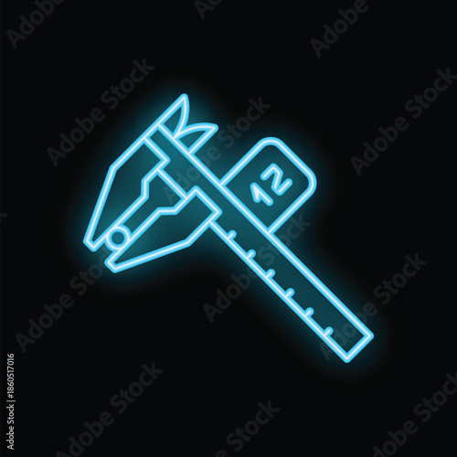 Glowing neon line caliper measuring tool icon isolated on black background vector illustration