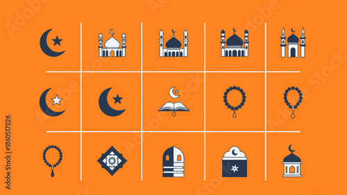 Ramadan Kareem symbols and icons set for Islamic holiday