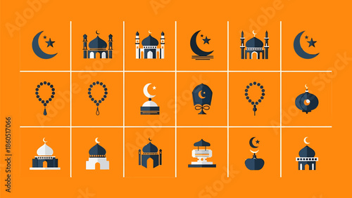 Islamic symbols and mosque icons in orange background
