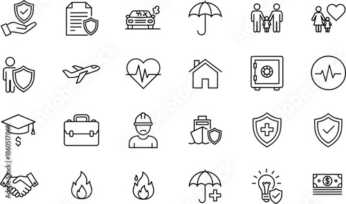 Comprehensive collection of insurance and risk management line icons featuring life health car home travel education business property protection and security symbols for finance