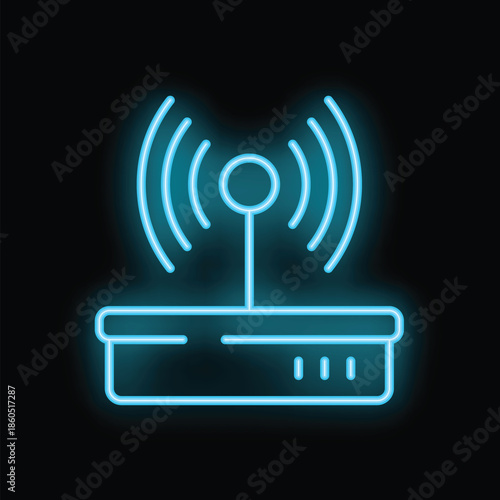 Neon sign of a wireless internet router glowing on a black background